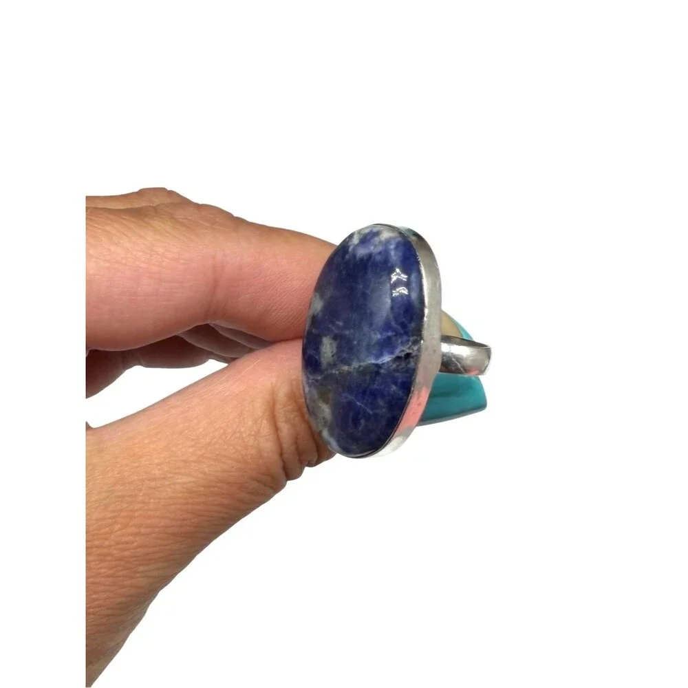 Sodalite Ring Size 5 925 Sterling Silver Overlay Chunky Oval Stone